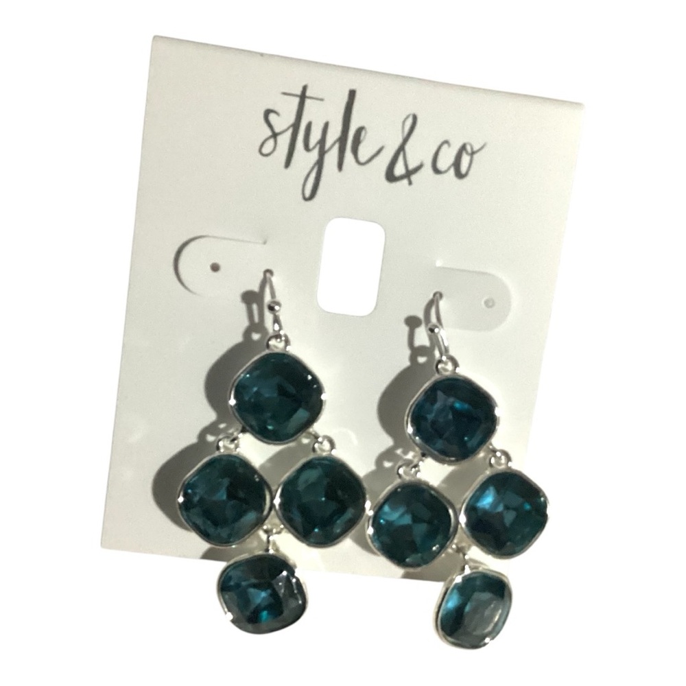 Style & Co. 2" Silver Tone/Blue Chandelier Drop Earrings-NWT 1638 - Picture 3 of 4